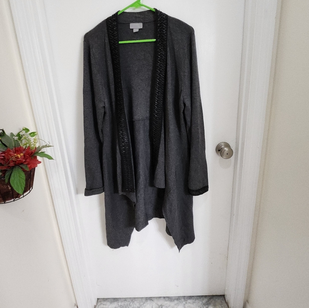 Jana Duster Length  Cardigan butterfly hem  braided faux leather  accent